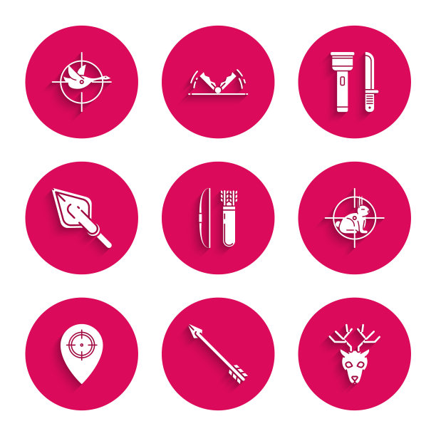 设置弓和箭袋，嬉皮士，鹿角鹿头，在兔子十字准星上狩猎，地方，tip，手电筒刀和鸭子图标。向量图片下载