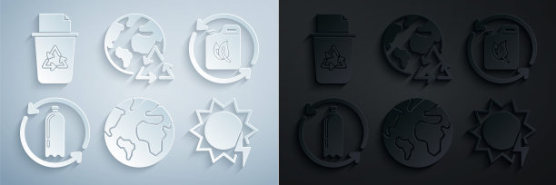 设置地球仪，生物燃料罐，回收塑料瓶，太阳能电池板，地球和回收和回收站与回收符号图标。向量图片下载