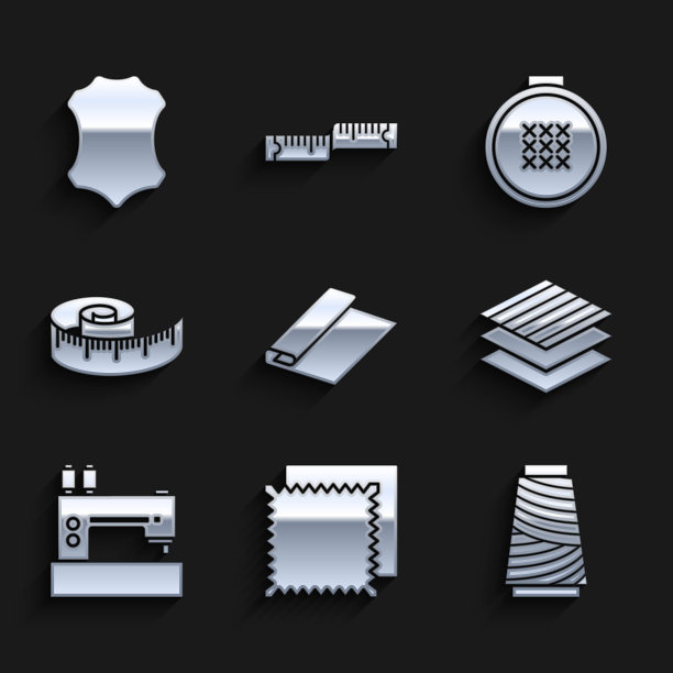 设置纺织织物卷，线轴上的缝纫线，机器，卷尺，圆形可调刺绣环和皮革图标。向量图片下载