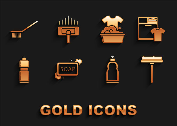 设置肥皂与泡沫，洗衣机和t恤，刮板，刮水器，塑料瓶的液体洗碗液，盆肥皂水，马桶刷和吸尘器图标。向量图片下载