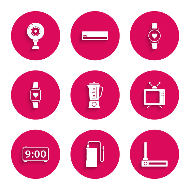 设置搅拌机，不同充电线的电源，路由器和wi-fi信号，电视，数字闹钟，显示心跳率的智能手表，和网络相机图标。向量图片下载