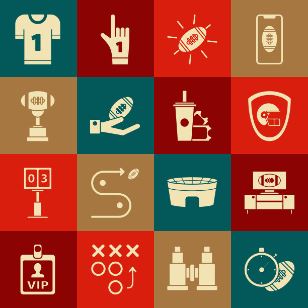 设置美式足球和秒表，电视节目台上的足球，头盔盾牌，手，奖杯，球衣和带吸管图标的门票纸杯苏打水。向量图片下载