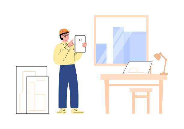 建筑师或工程师在头盔开发建筑施工项目，平面矢量插图。图片下载