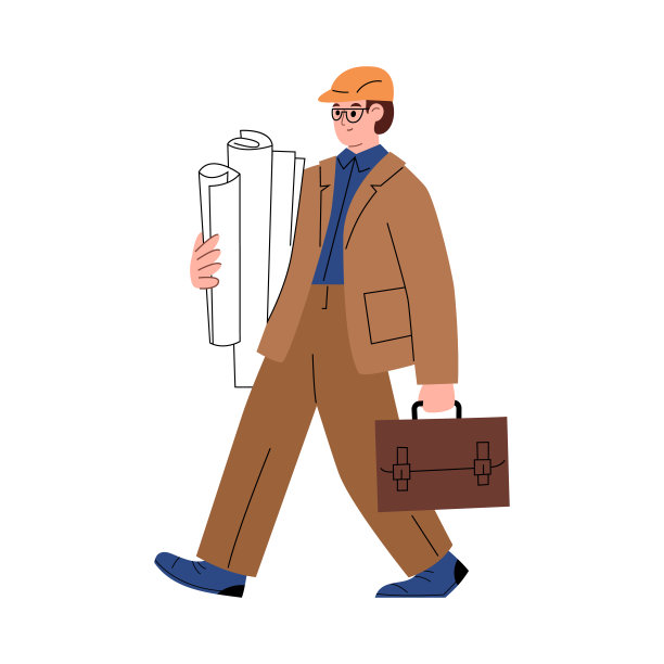 建筑师在头盔和西装持有纸卷，平面矢量插图孤立在白色背景。图片下载