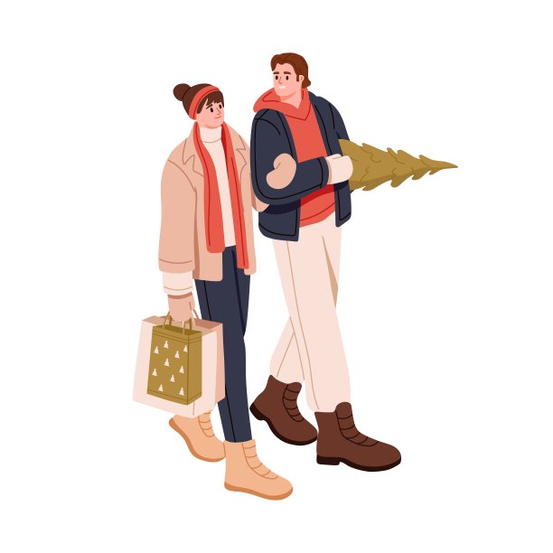 圣诞购物后散步的情侣。幸福的男人和女人背着袋子和圣诞冷杉树在冬天。人们在准备新年假期。平面矢量插图孤立在白色背景上图片下载