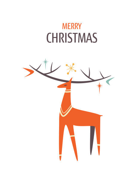 简约的圣诞贺卡与驯鹿在复古设计风格。中世纪现代矢量插图。季节的问候图片下载