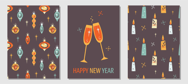 一套极简贺卡与香槟酒杯，表面图案与圣诞装饰和蜡烛在黑暗的背景在Vintage设计风格。中世纪现代矢量插图图片下载