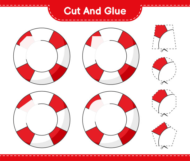 剪切、胶水，对救生圈进行部分剪切并粘接。教育儿童游戏，可打印的工作表，矢量插图图片下载