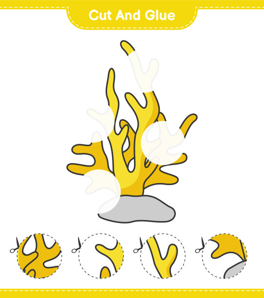 剪切和胶水，切割部分珊瑚和胶水。教育儿童游戏，可打印的工作表，矢量插图图片下载