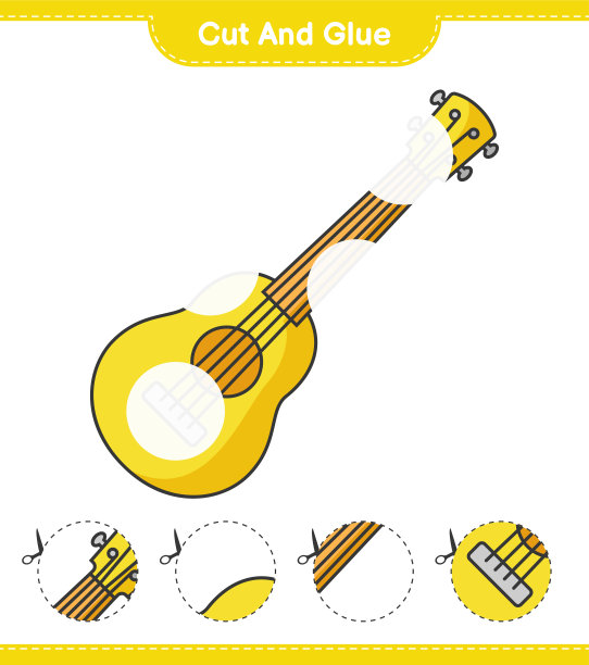 剪下并粘上，将尤克里里琴的部分剪下并粘上。教育儿童游戏，可打印的工作表，矢量插图图片下载