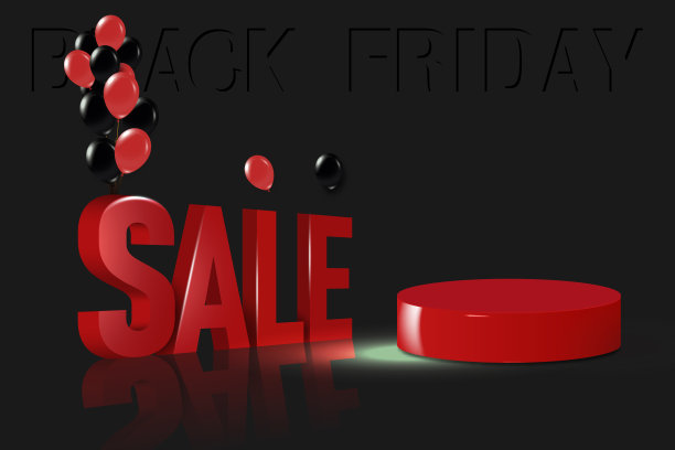 抽象现实的三维白色圆柱底座与气球和文本交叉丝带和条纹裙，黑色星期五超级销售图片下载