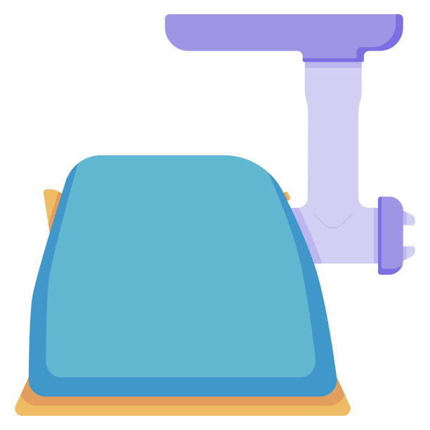 蓝色的绞肉机用于切肉，鱼和蔬菜，使剁碎的肉排在一个平坦的风格孤立在白色的背景上图片下载