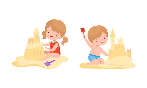小男孩和女孩在泳装建筑沙城堡向量集图片下载