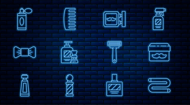 设置线毛巾，奶油或乳液化妆品罐，理发店，剃须凝胶泡沫和刷子，领结，须后水瓶子雾化器，剃须刀和发刷图标。向量图片下载