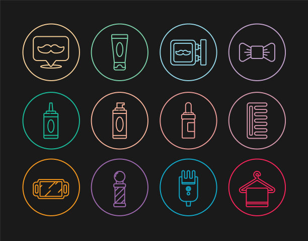 设置线毛巾在衣架上，发刷，理发店，剃须凝胶泡沫，洗发水，胡子和胡子护理油瓶和霜或乳液化妆品管图标。向量图片下载