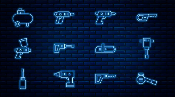 集叶园风机、建筑手提钻、电动无绳螺丝刀、旋转式钻机、喷漆喷枪、空压机、电锯、图标于一体。向量图片下载