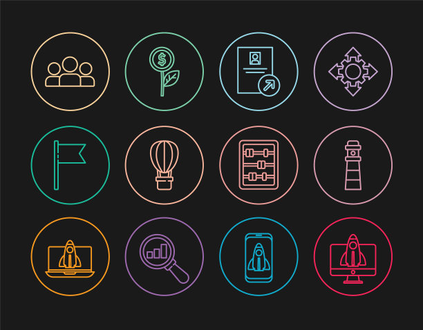 设置线路启动项目概念，灯塔，工作晋升，热气球，位置标记，用户组，Abacus和美元工厂图标。向量图片下载