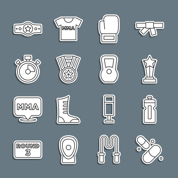 设置线维生素药丸，健身摇壶，奖励杯，拳击手套，奖牌，秒表，皮带和壶铃图标。向量图片下载