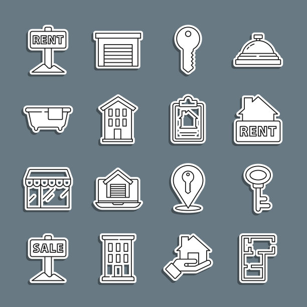 设置房屋平面图，钥匙，出租，浴缸和合同图标挂签。向量图片下载