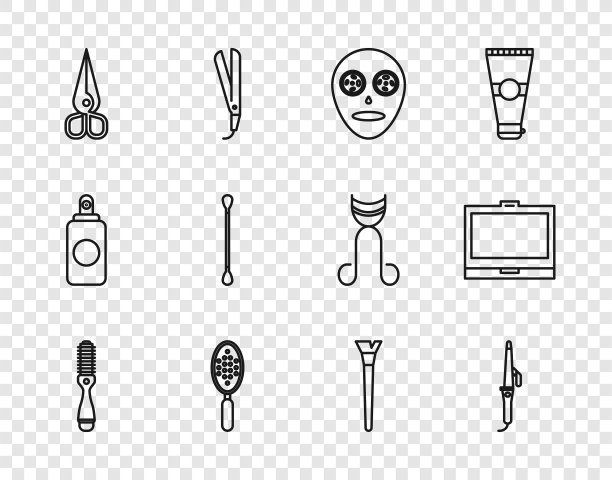 设置线发刷，卷发棒，面部化妆面具，剪刀，耳朵棉签，化妆和粉镜图标。向量图片下载