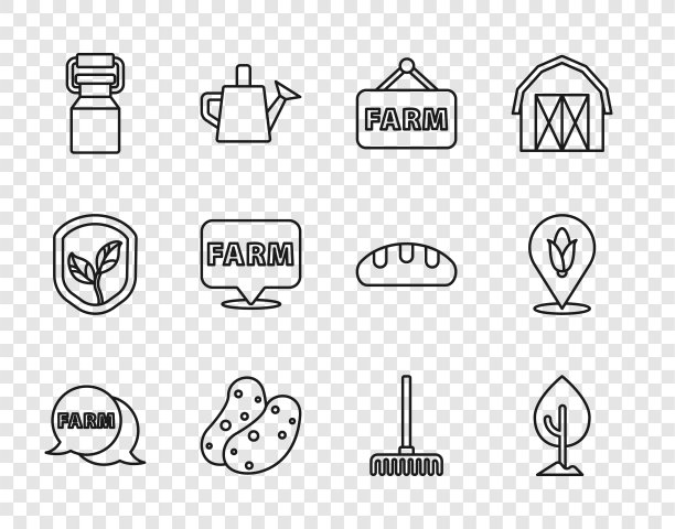 设置线语音气泡农场，树，招牌文本，土豆，牛奶罐容器，位置农场，花园耙子和玉米图标。向量图片下载