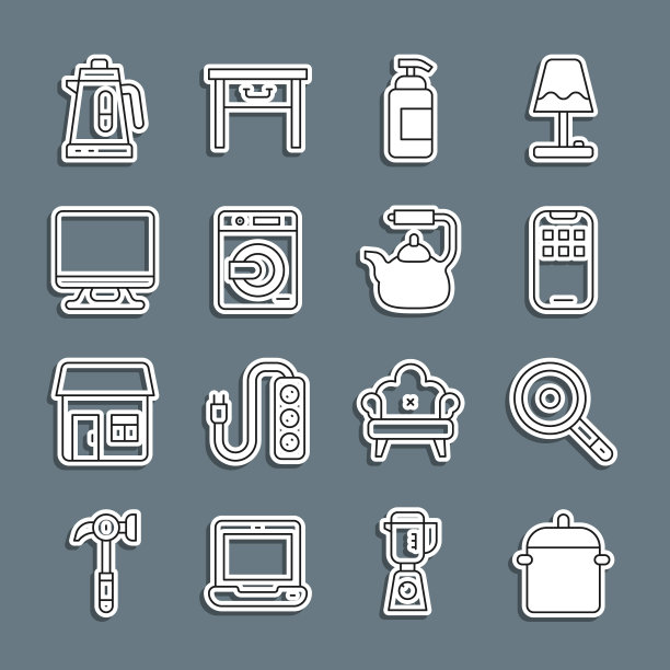 设置线煮锅，煎锅，移动应用程序，抗菌肥皂，洗衣机，智能电视，电水壶和水壶的手柄图标。向量图片下载