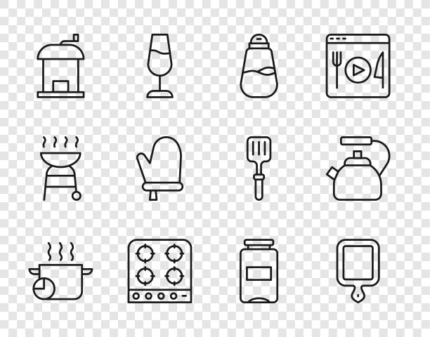 有手柄图标的锅、切菜板、盐、煤气炉、手工咖啡研磨机、烤箱手套、果酱罐和水壶。向量图片下载