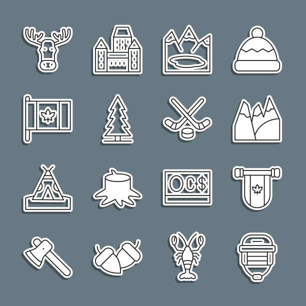 设置线曲棍球头盔，Pennant加拿大，山脉，加拿大湖，云杉，旗帜的，驼鹿的头与角和冰上曲棍球棒和冰球图标。向量图片下载