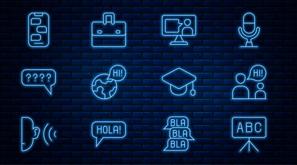 设置线黑板，外语在线学习，学习外语，语音气泡与问题，新的聊天消息通知，毕业帽和公文包图标。向量图片下载