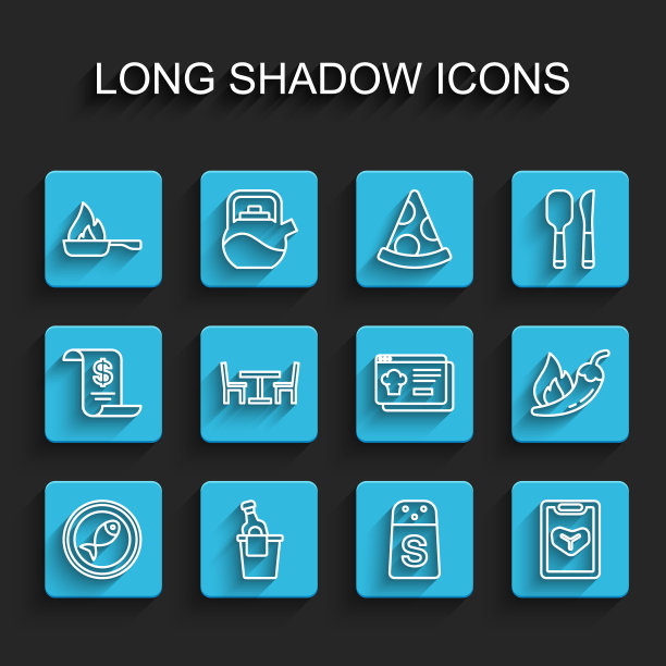 盛在盘子里的鱼，冰桶里的香槟，煎锅，盐，餐厅咖啡菜单，木桌和椅子，辣椒辣椒荚和在线订购和配送图标。向量图片下载