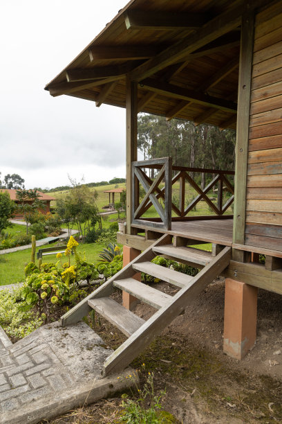 带阳台和台阶的木屋，以花园和树木为背景的乡村住宅结构，以自然、生活方式和建筑为装饰图片下载