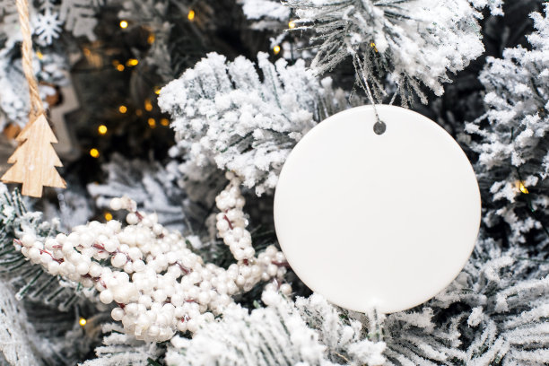 空白圆形圣诞装饰模型在圣诞树的背景上图片下载