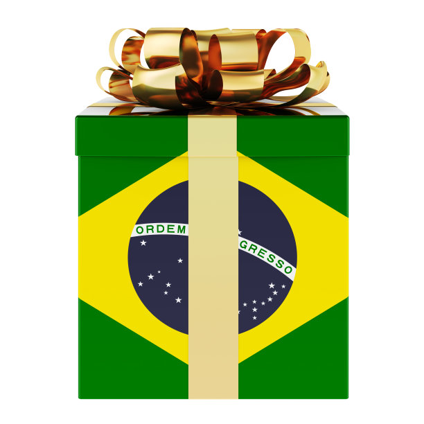 印有巴西国旗的礼品盒。巴西度假，概念。三维渲染图片下载