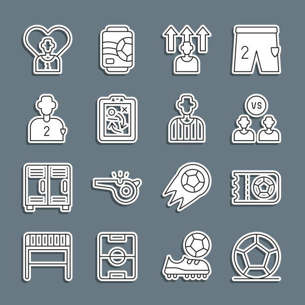 设置线足球足球，足球或足球票，球员，规划策略概念，裁判图标。向量图片下载