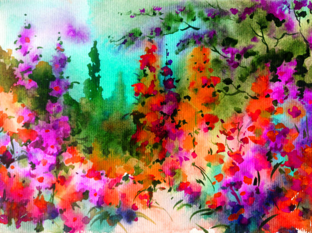 水彩彩色明亮纹理抽象背景手工制作。地中海风景。花园。海岸建筑和植被绘画图片下载