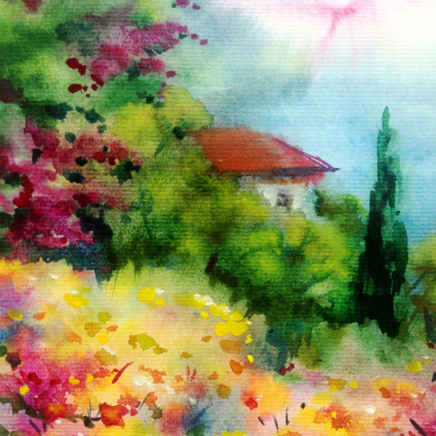 水彩彩色明亮纹理抽象背景手工制作。地中海风景。花园。海岸建筑和植被绘画图片下载