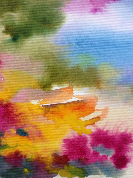 水彩彩色明亮纹理抽象背景手工制作。地中海风景。花园。海岸建筑和植被绘画图片下载