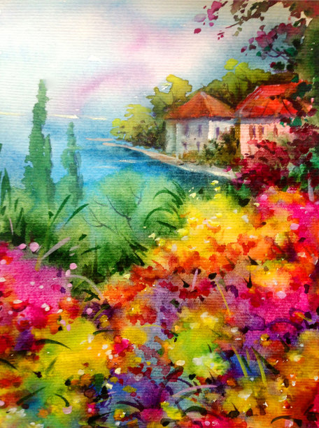 水彩彩色明亮纹理抽象背景手工制作。地中海风景。花园。海岸建筑和植被绘画图片下载