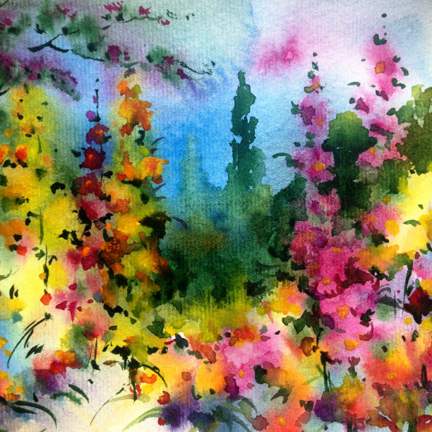 水彩彩色明亮纹理抽象背景手工制作。地中海风景。花园。海岸建筑和植被绘画图片下载