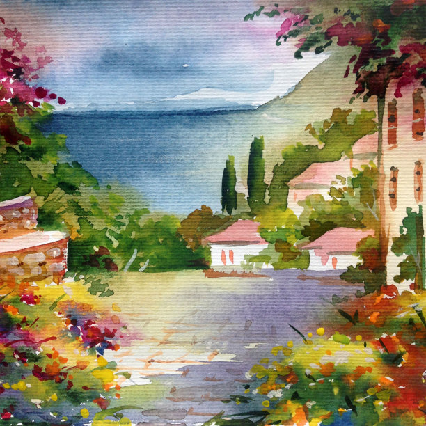 水彩彩色明亮纹理抽象背景手工制作。地中海风景。花园。海岸建筑和植被绘画图片下载