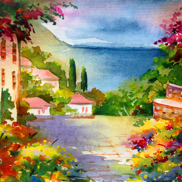 水彩彩色明亮纹理抽象背景手工制作。地中海风景。花园。海岸建筑和植被绘画图片下载