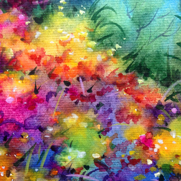 水彩彩色明亮纹理抽象背景手工制作。地中海风景。花园。海岸建筑和植被绘画图片下载