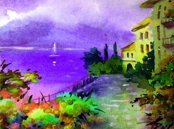 水彩彩色明亮纹理抽象背景手工制作。地中海风景。花园。海岸建筑和植被绘画图片下载