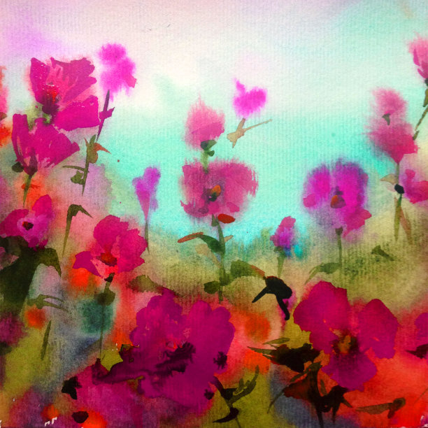 水彩彩色明亮纹理抽象背景手工制作。地中海风景。花园。海岸建筑和植被绘画图片下载