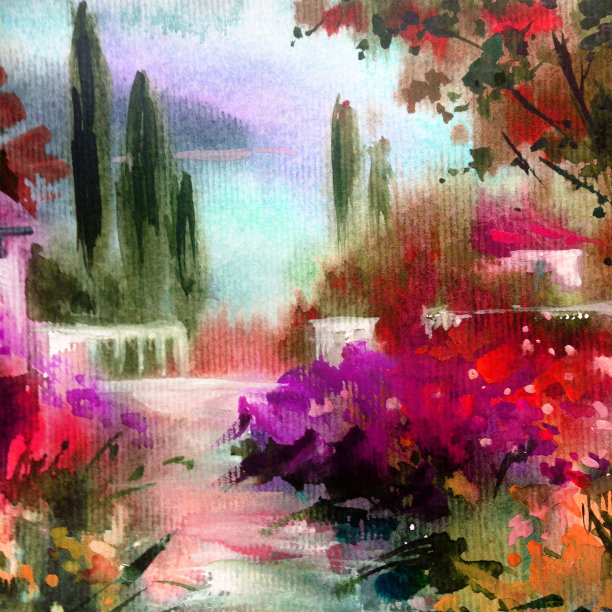 水彩彩色明亮纹理抽象背景手工制作。地中海风景。花园。海岸建筑和植被绘画图片下载