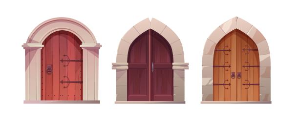 仿古中世纪木门，金属圆柄，白色拱门。城堡、教堂或房屋的入口、大门。图片下载