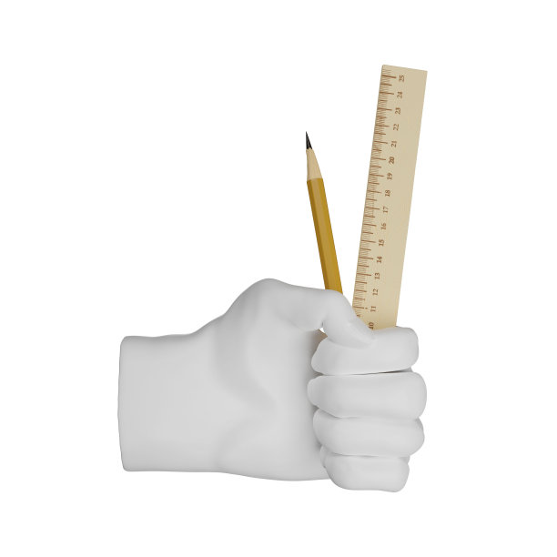 一个手握一支铅笔和一把木制尺子的3D石膏雕塑，白色背景上的孤立插图，3D渲染图片下载