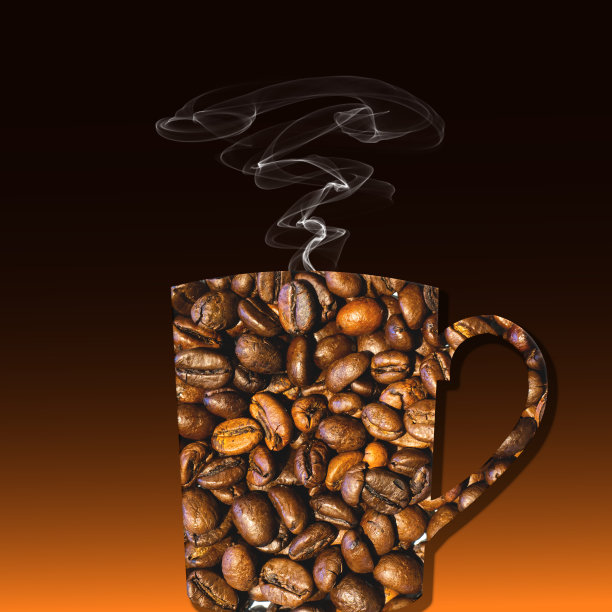 摘要以咖啡豆为回填物，以升腾的蒸汽为背景，概念复合杯子的轮廓图片下载