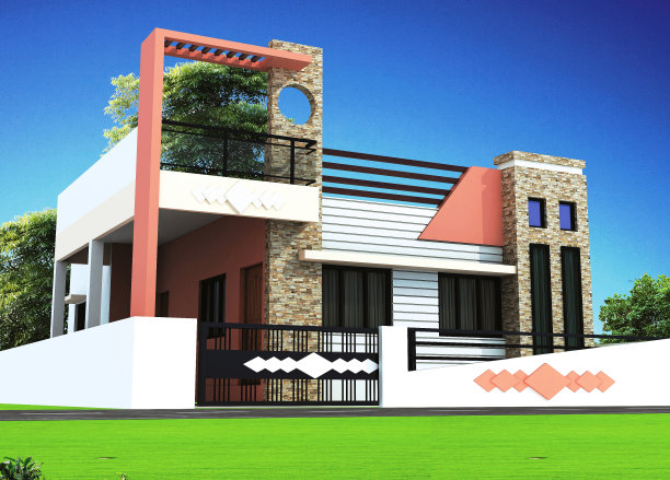 一个大房子外观设计的三维渲染与桃色组件图片下载