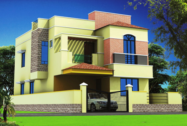 带有现代建筑的私人住宅外部的3D渲染图片下载